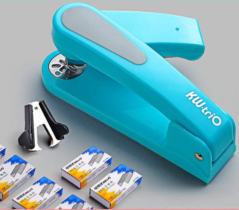 360-degree rotatable desktop stapler in various colours showing metal nail outlet and deep paper feed.