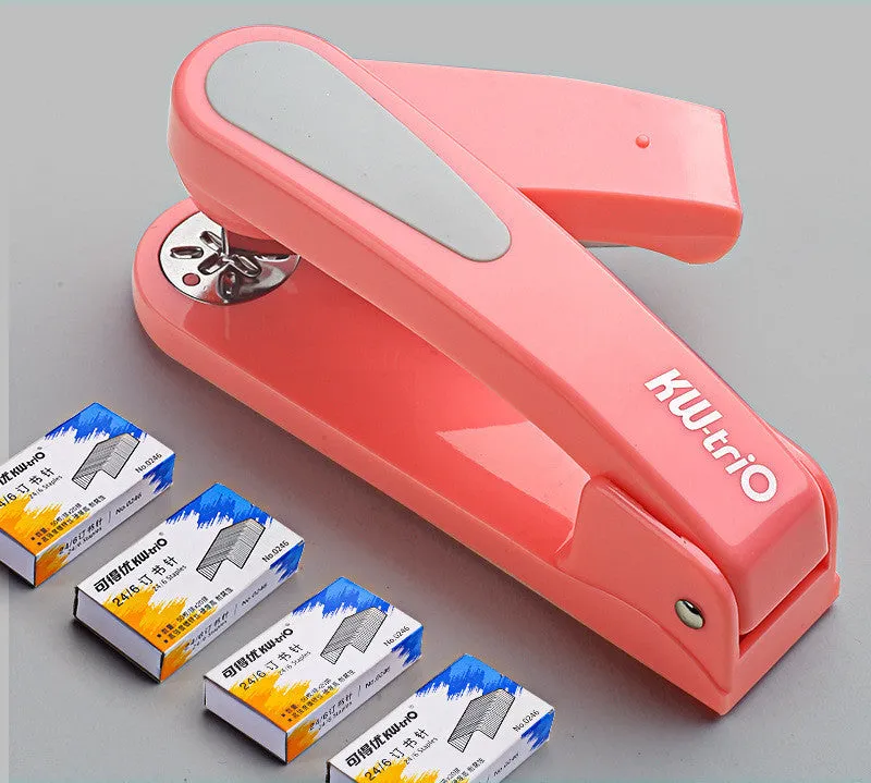 360-degree rotatable desktop stapler in various colours showing metal nail outlet and deep paper feed.