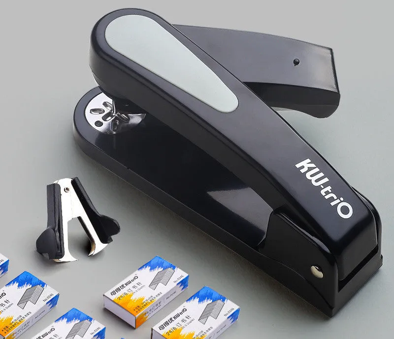 360-degree rotatable desktop stapler in various colours showing metal nail outlet and deep paper feed.