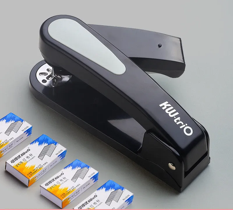 360-degree rotatable desktop stapler in various colours showing metal nail outlet and deep paper feed.