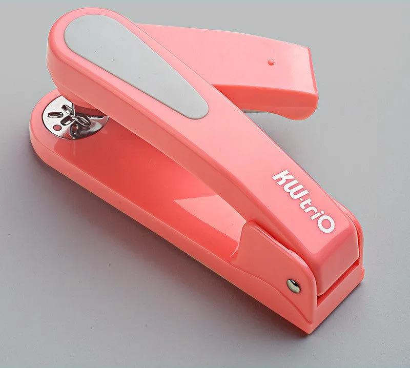 360-degree rotatable desktop stapler in various colours showing metal nail outlet and deep paper feed.