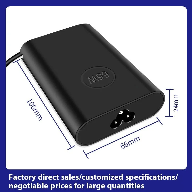 Black 65W USB-C laptop power adapter with multiple international plug attachments on white background