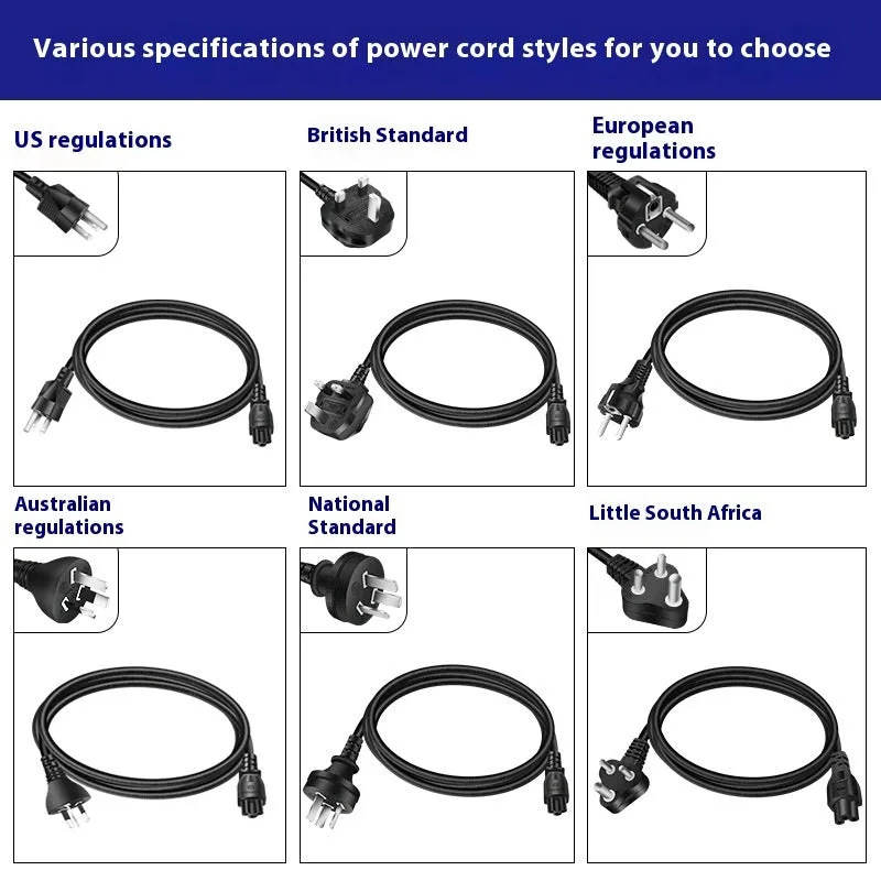 Black 65W USB-C laptop power adapter with multiple international plug attachments on white background