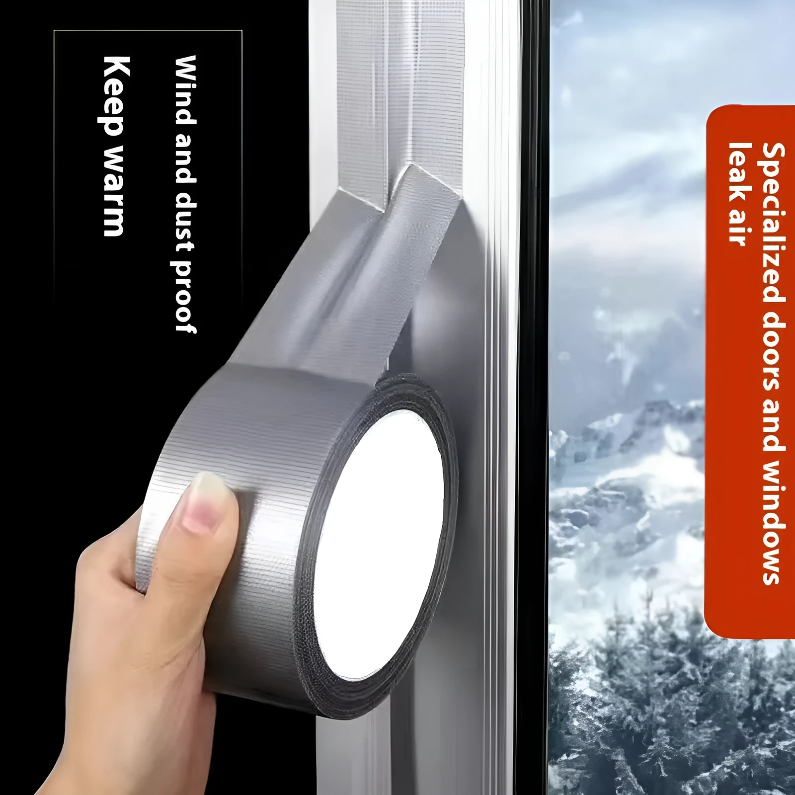 Windproof sealing tape roll for windows and doors in silver grey colour showing adhesive backing