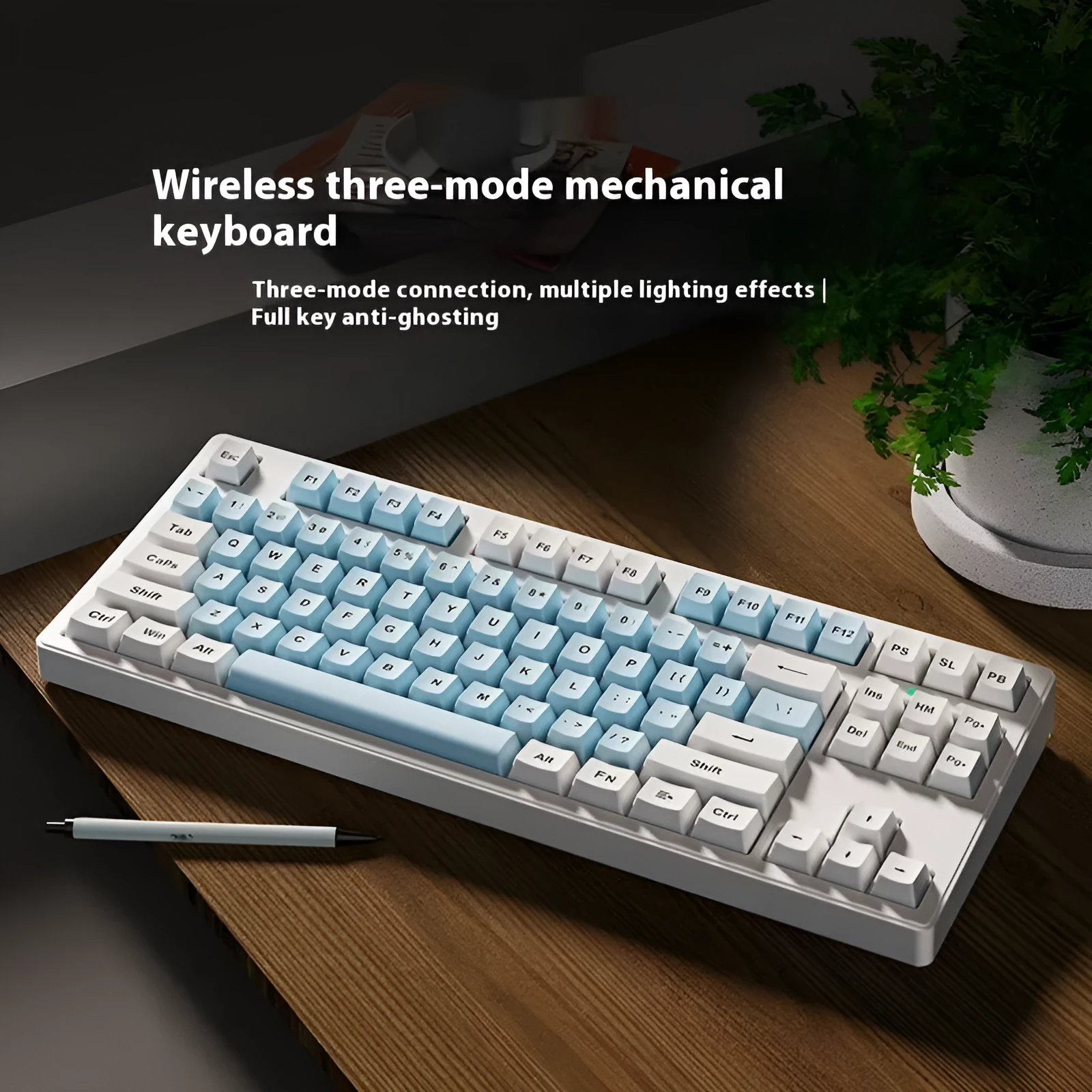 Mechanical keyboard with three connectivity modes in blue and white colour matching design