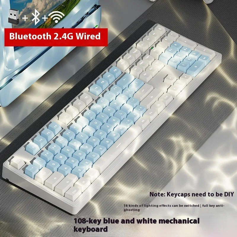 Mechanical keyboard with three connectivity modes in blue and white colour matching design