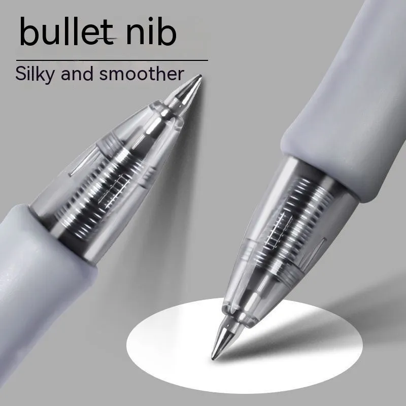 A neutral-coloured plastic gel pen with a 0.5mm tip, shown with black, blue, and red ink refills.