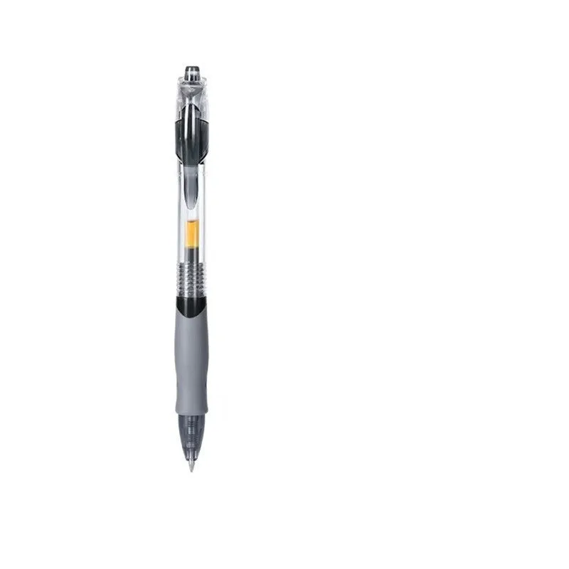 A neutral-coloured plastic gel pen with a 0.5mm tip, shown with black, blue, and red ink refills.
