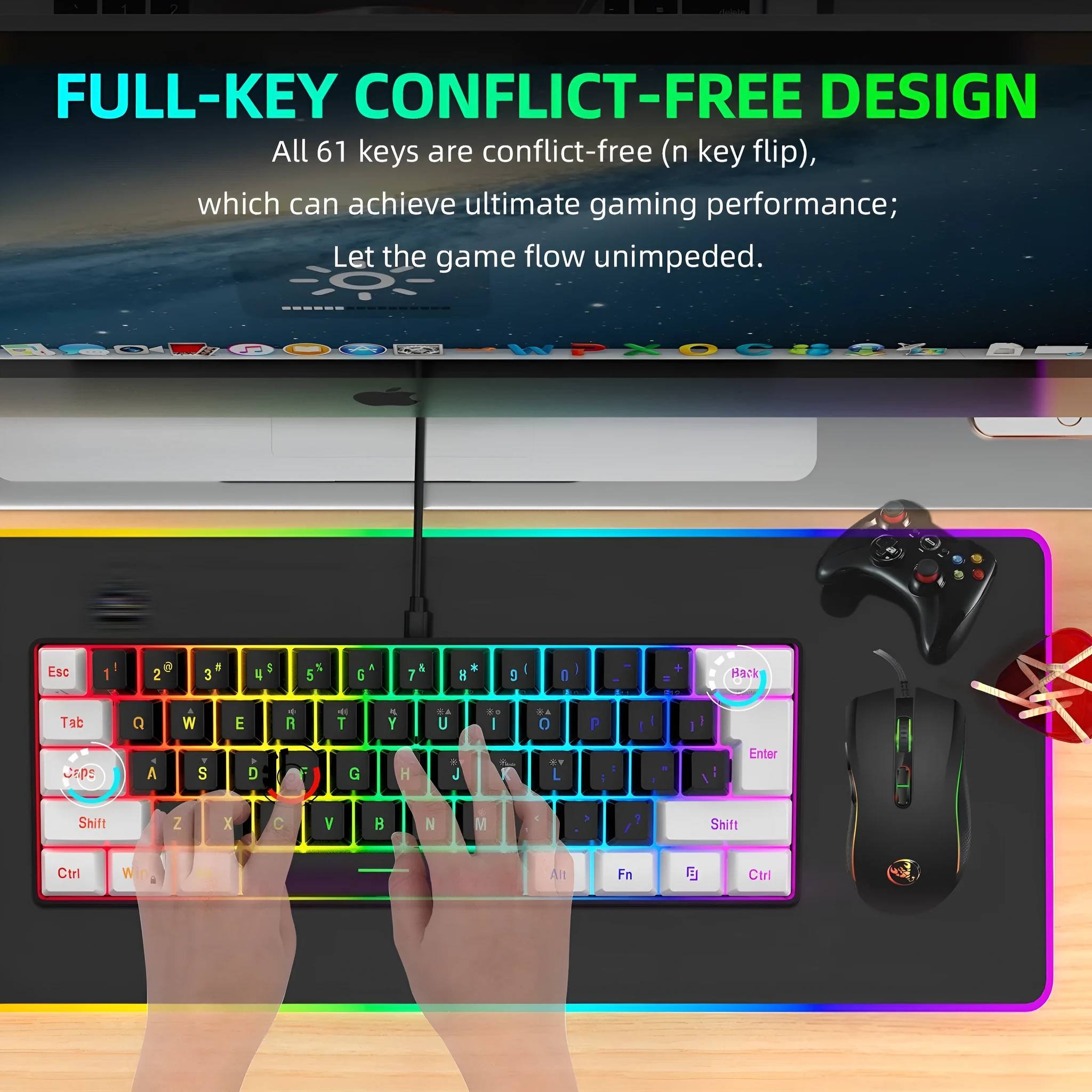 White and black mixed colour gaming keyboard and mouse combo with backlight on desk