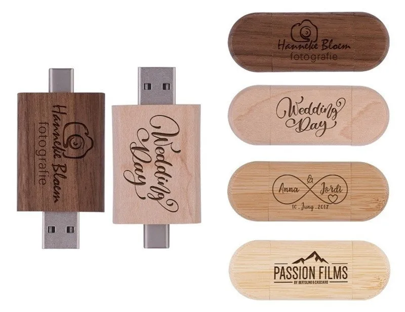 Custom engraved maple wood USB flash drive with Type-C connector for mobile phones on a wooden box.