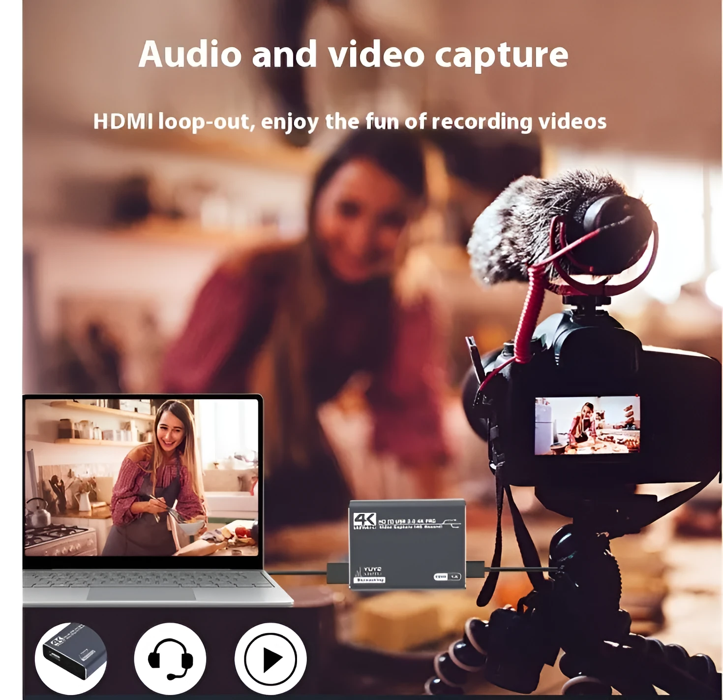 Black 4K gaming set-top box with audio recording and MS2131 chip