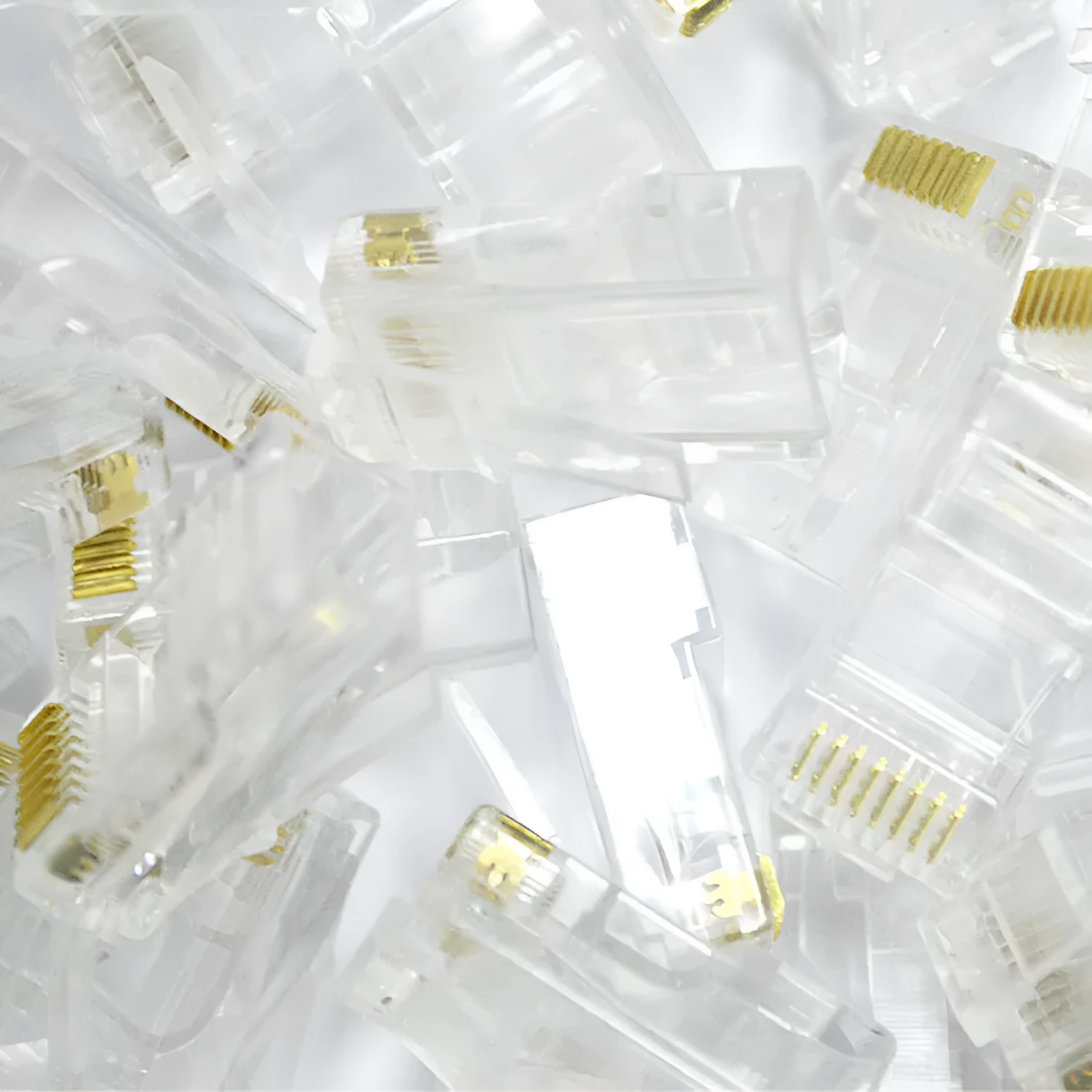 White unshielded RJ45 network modular plug with gold-plated three-fork contacts and all-copper insert.