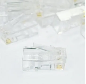 White unshielded RJ45 network modular plug with gold-plated three-fork contacts and all-copper insert.