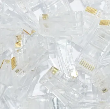 White unshielded RJ45 network modular plug with gold-plated three-fork contacts and all-copper insert.