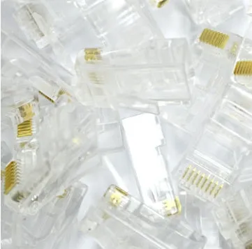 White unshielded RJ45 network modular plug with gold-plated three-fork contacts and all-copper insert.