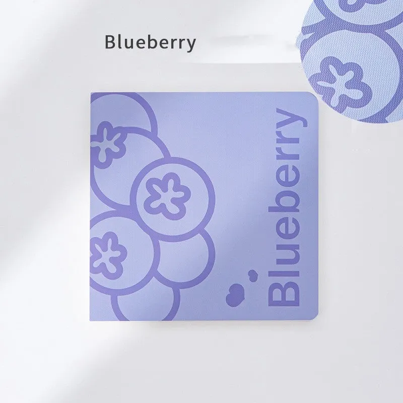 Square notebook with embossed fruit design on cover, showing 14.5cm size and open pages.