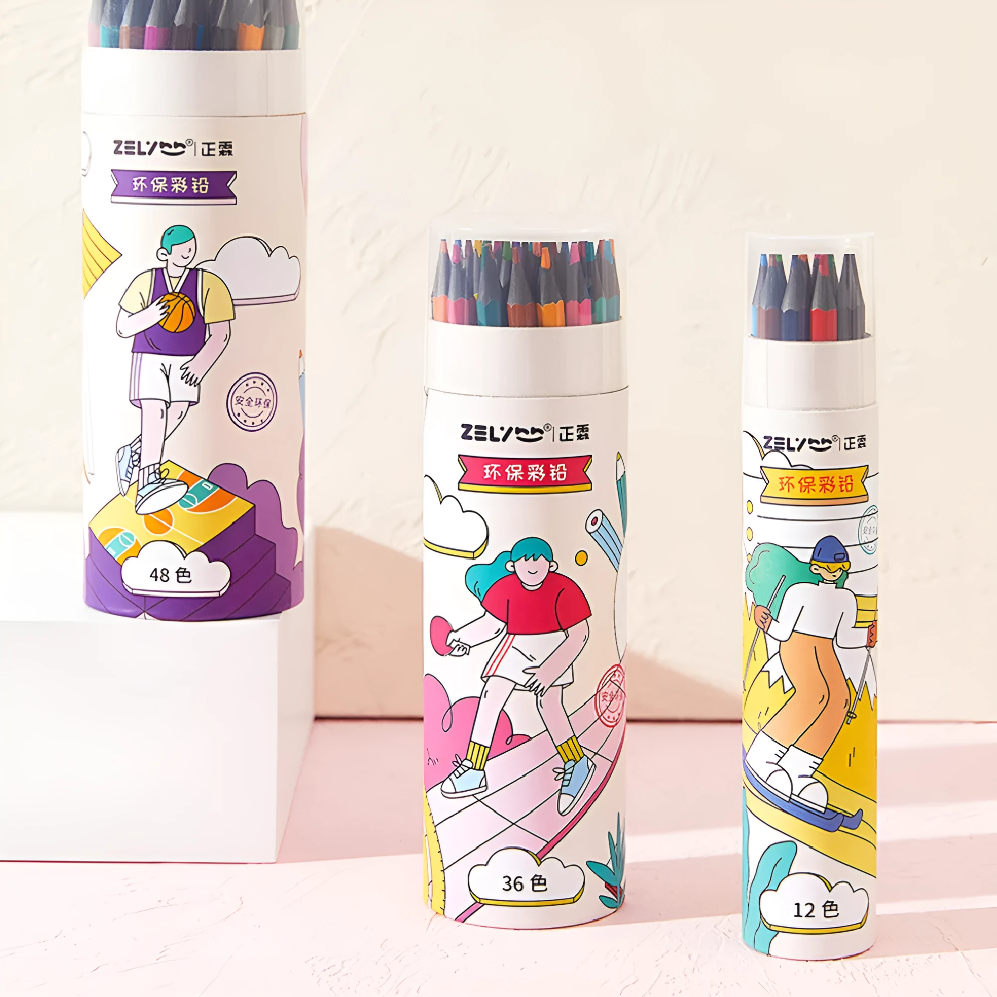 Zhenglin Sports colour pencils in 24 and 36 colour sets with paper barrel construction