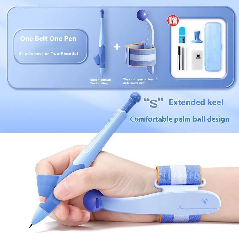 Blue Anti-hook Holder Pen Control Corrector wrist brace for pen grip correction.