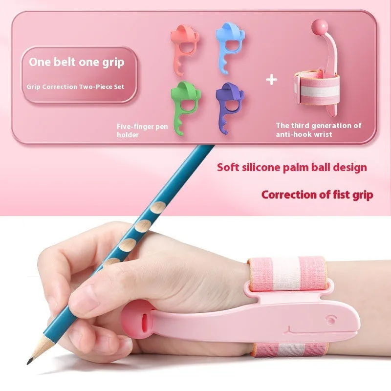 Blue Anti-hook Holder Pen Control Corrector wrist brace for pen grip correction.