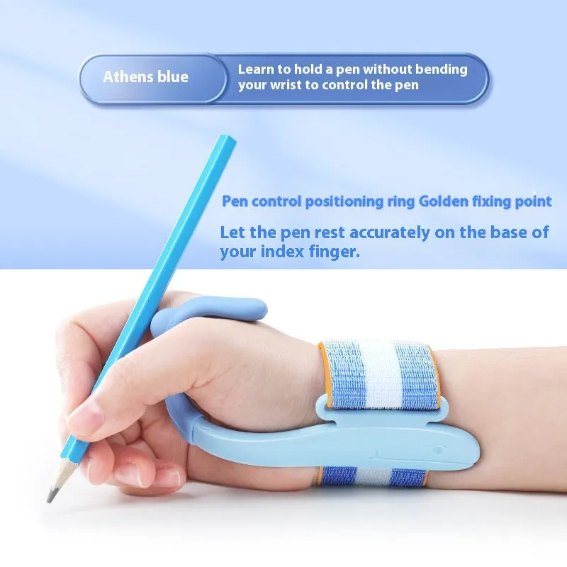 Blue Anti-hook Holder Pen Control Corrector wrist brace for pen grip correction.