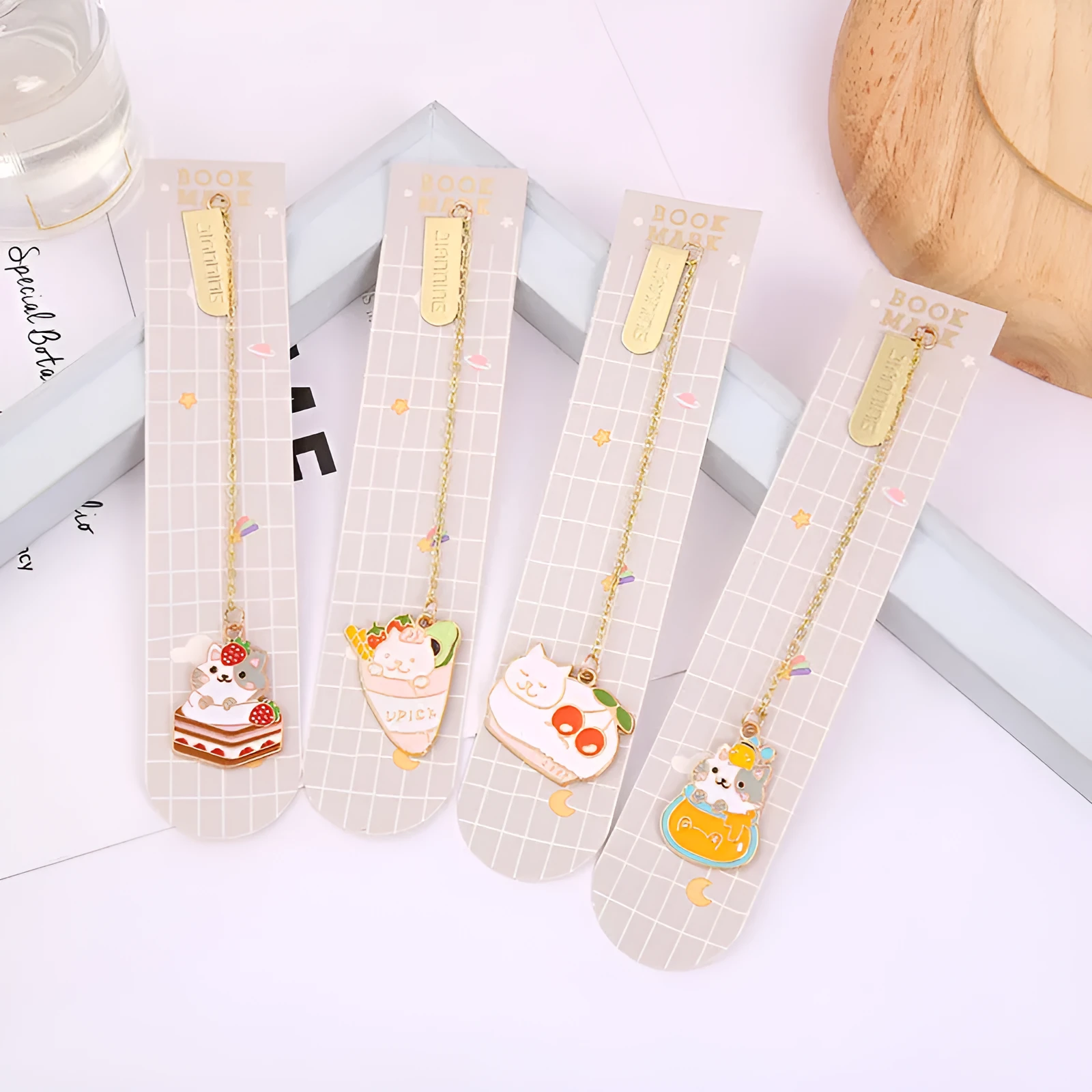 Jane Lime cartoon cat metal bookmark with food-themed designs measuring 3.8cm by 18.3cm