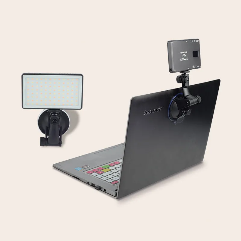 Black aluminium LED video conference light panel showing 96 LEDs, a display screen, and a 1/4 inch mounting thread on the back.