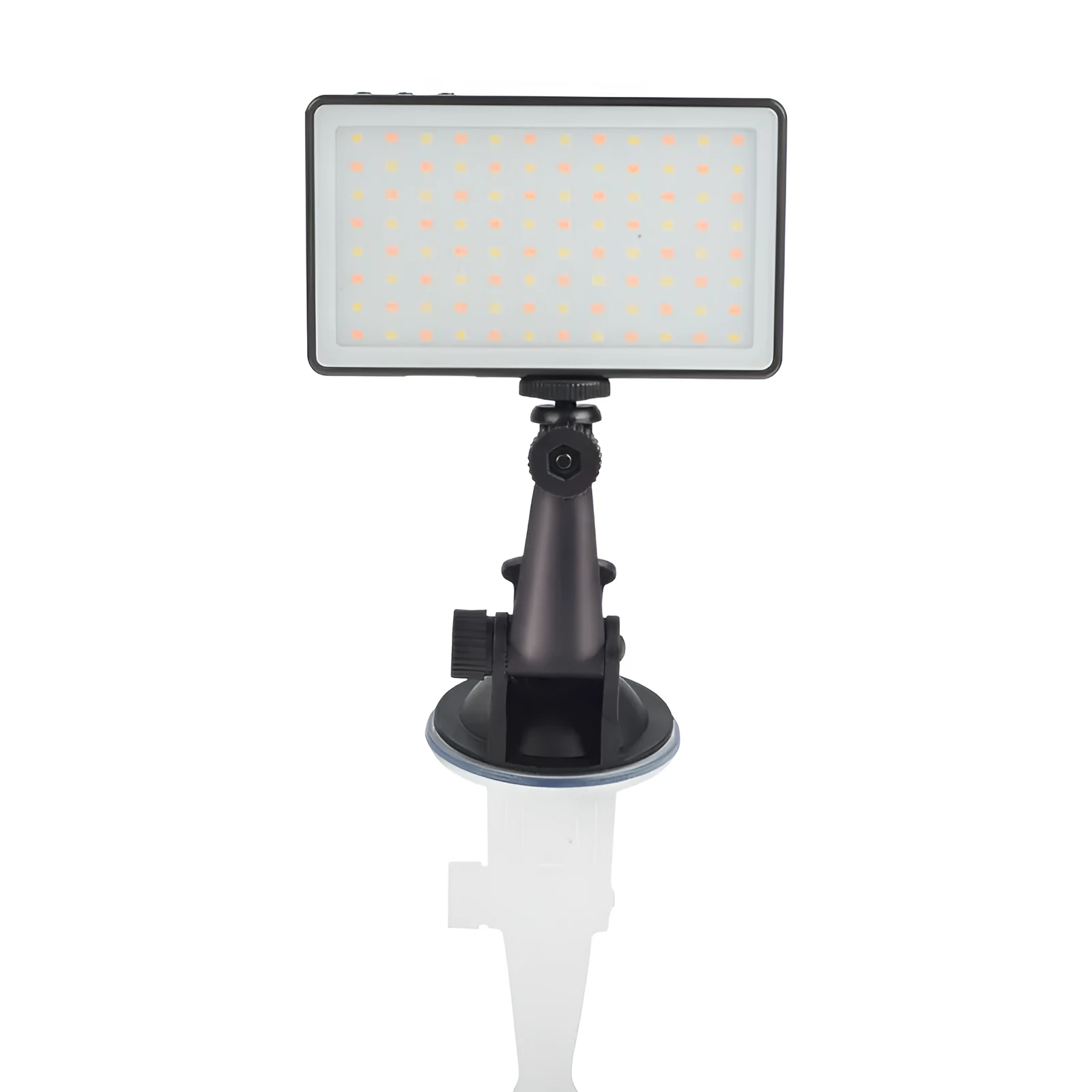 Black aluminium LED video conference light panel showing 96 LEDs, a display screen, and a 1/4 inch mounting thread on the back.