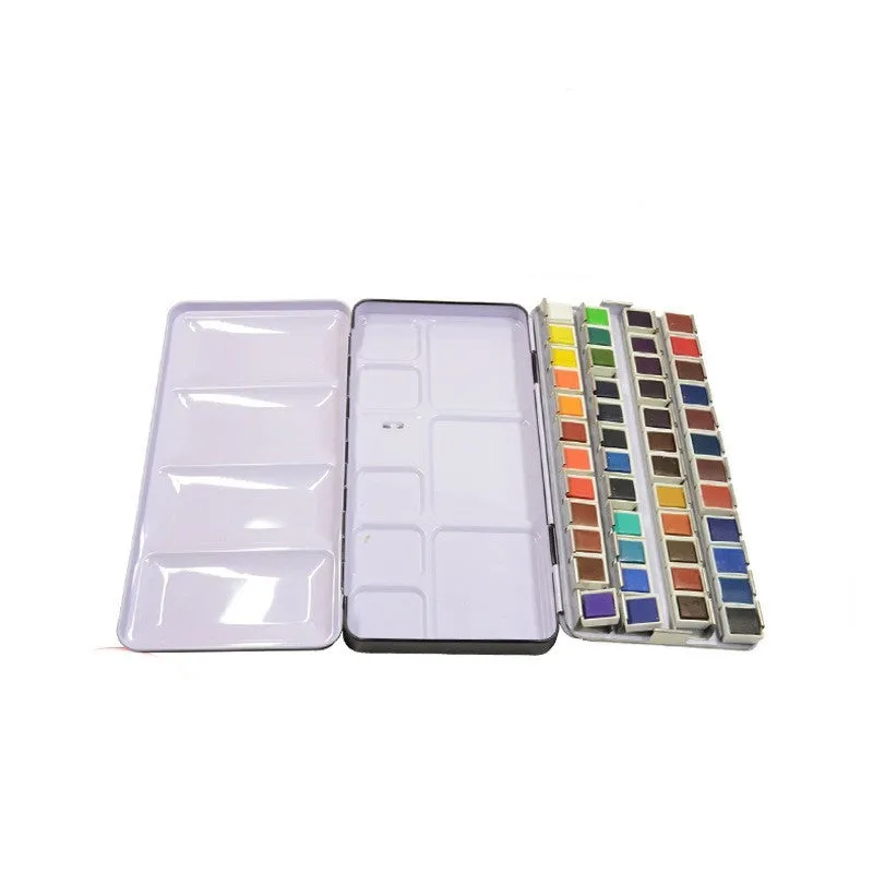 Tinplate watercolour paint box showing three-fold design and three size options