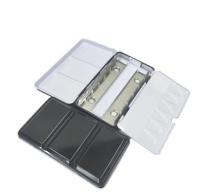 Tinplate watercolour paint box showing three-fold design and three size options