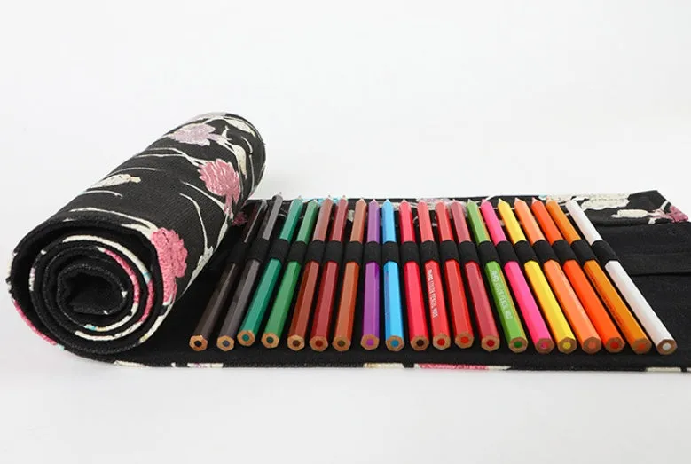 Canvas rolling pencil case with ballet girl print, showing multiple hole capacity options for colour pencils.