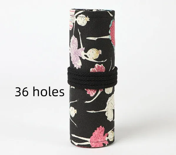 Canvas rolling pencil case with ballet girl print, showing multiple hole capacity options for colour pencils.