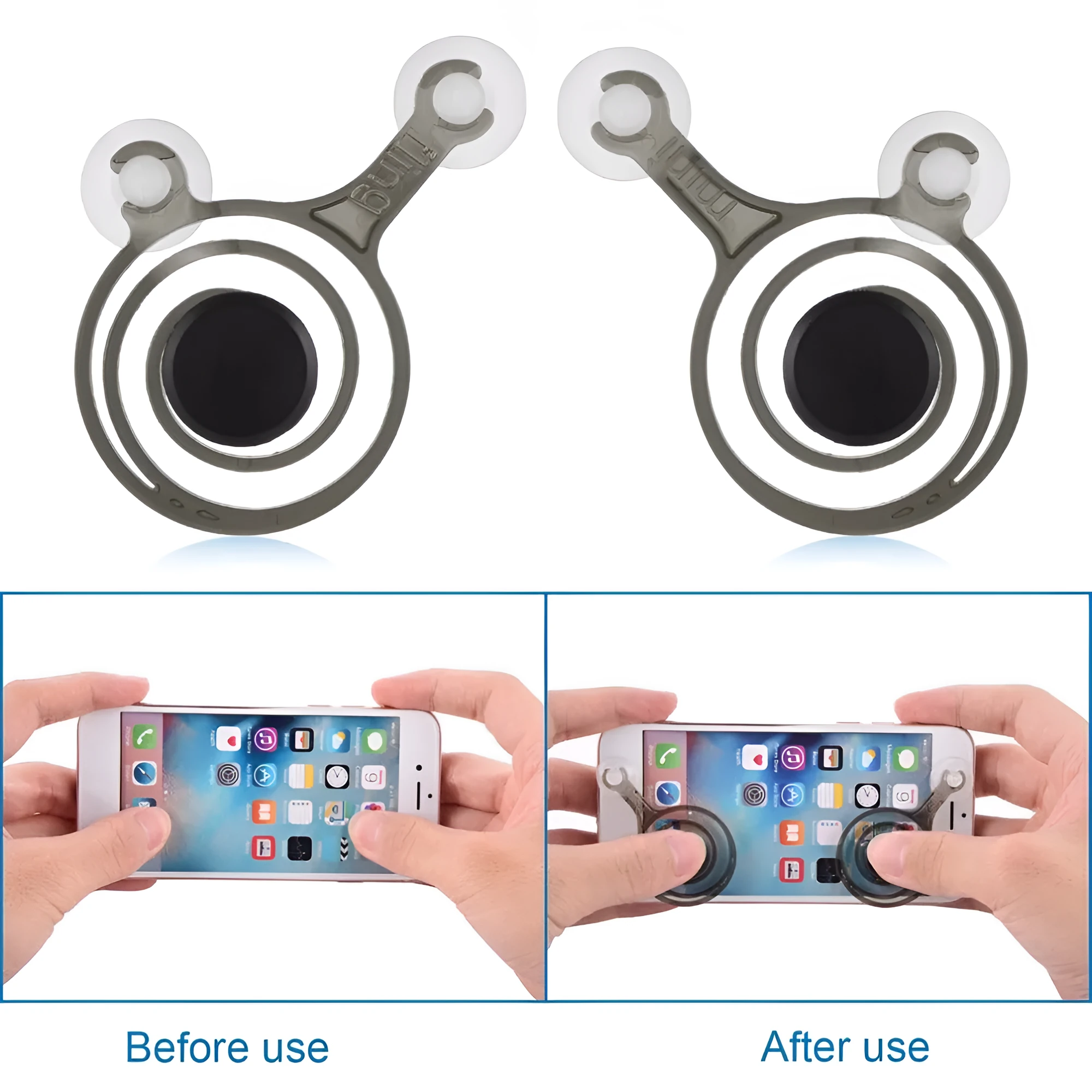Clear and black universal mini joystick for mobile phone touch screen gaming.