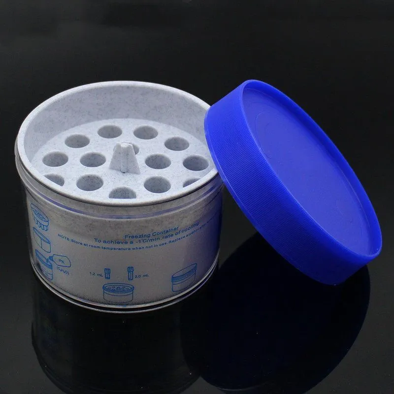 Orange and blue process cooling box for gradient freezing and freezer cell recovery.