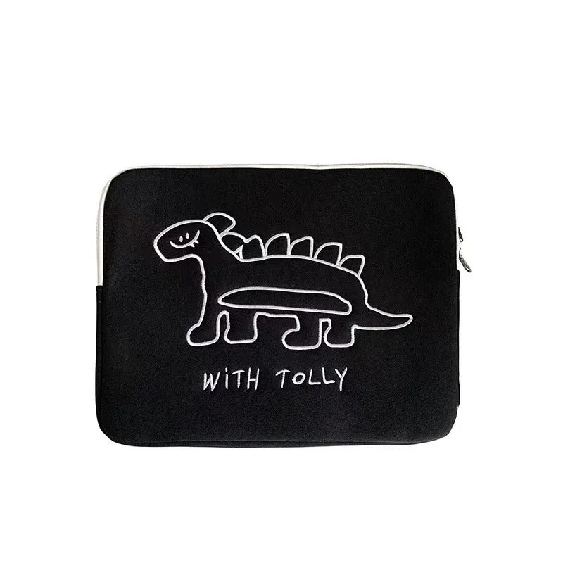 Embroidered animal design laptop sleeve in polyester, showing size options for 13, 14 and 15.6 inch laptops.