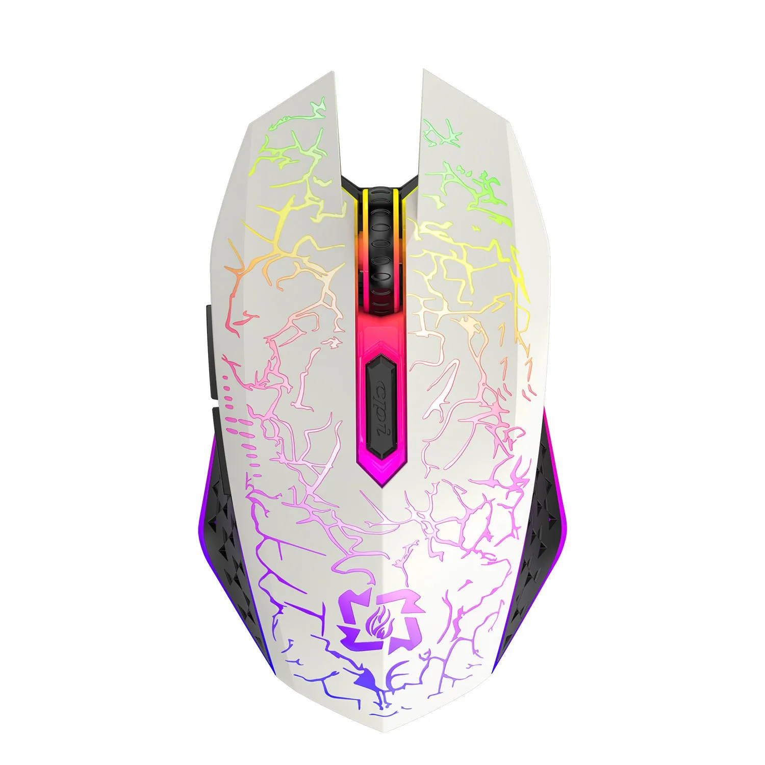 Black and white wireless gaming mouse with RGB lighting on desk with charging cable