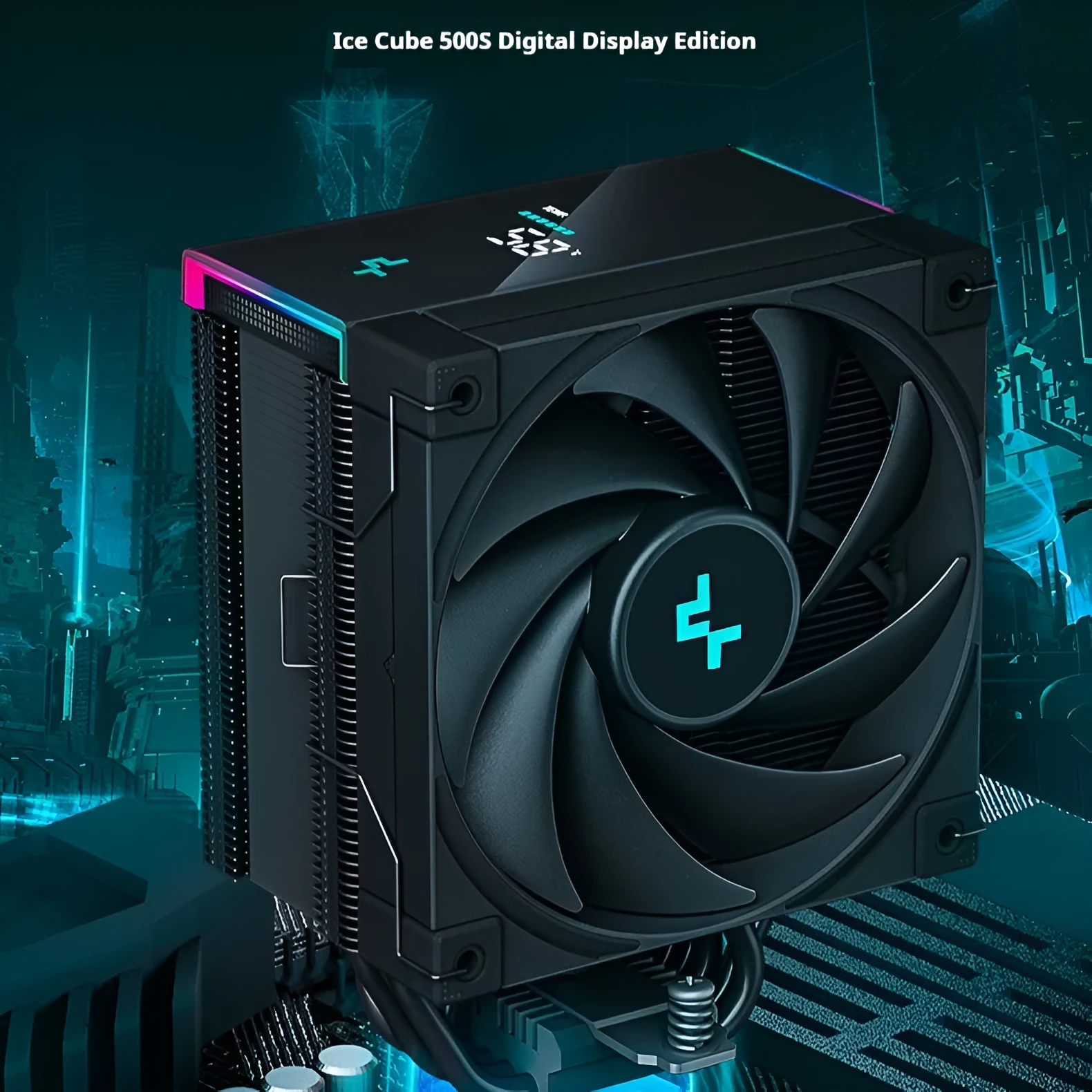 DeepCool AK Series black CPU tower air cooler with digital display and dual fans