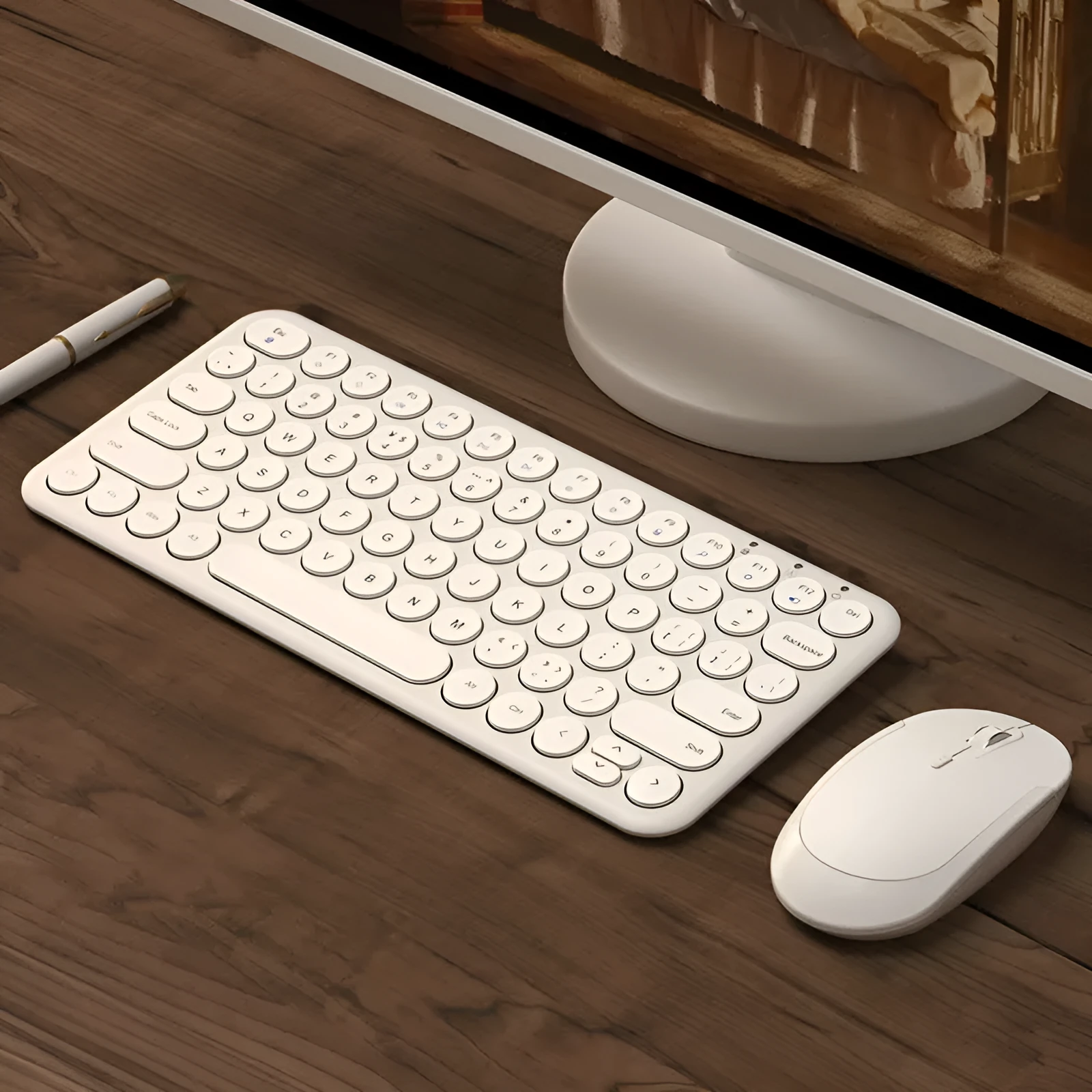 White ultra-thin wireless keyboard and mouse set on a desk, showing USB receivers and keyboard film.