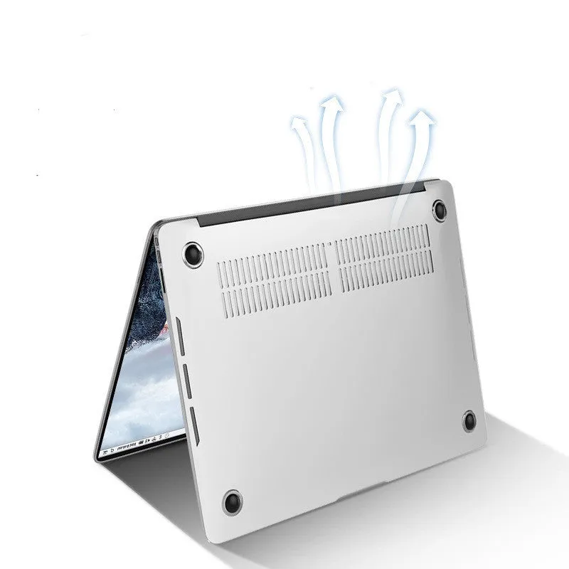 Black and transparent PC hard shell protective cases for Apple MacBook Pro 14-inch and 16-inch laptops.
