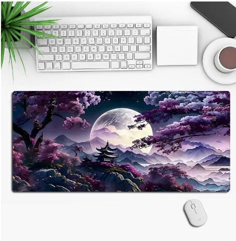 Large black anime-themed gaming mouse pad with non-slip rubber base on a wooden desk.