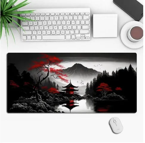 Large black anime-themed gaming mouse pad with non-slip rubber base on a wooden desk.