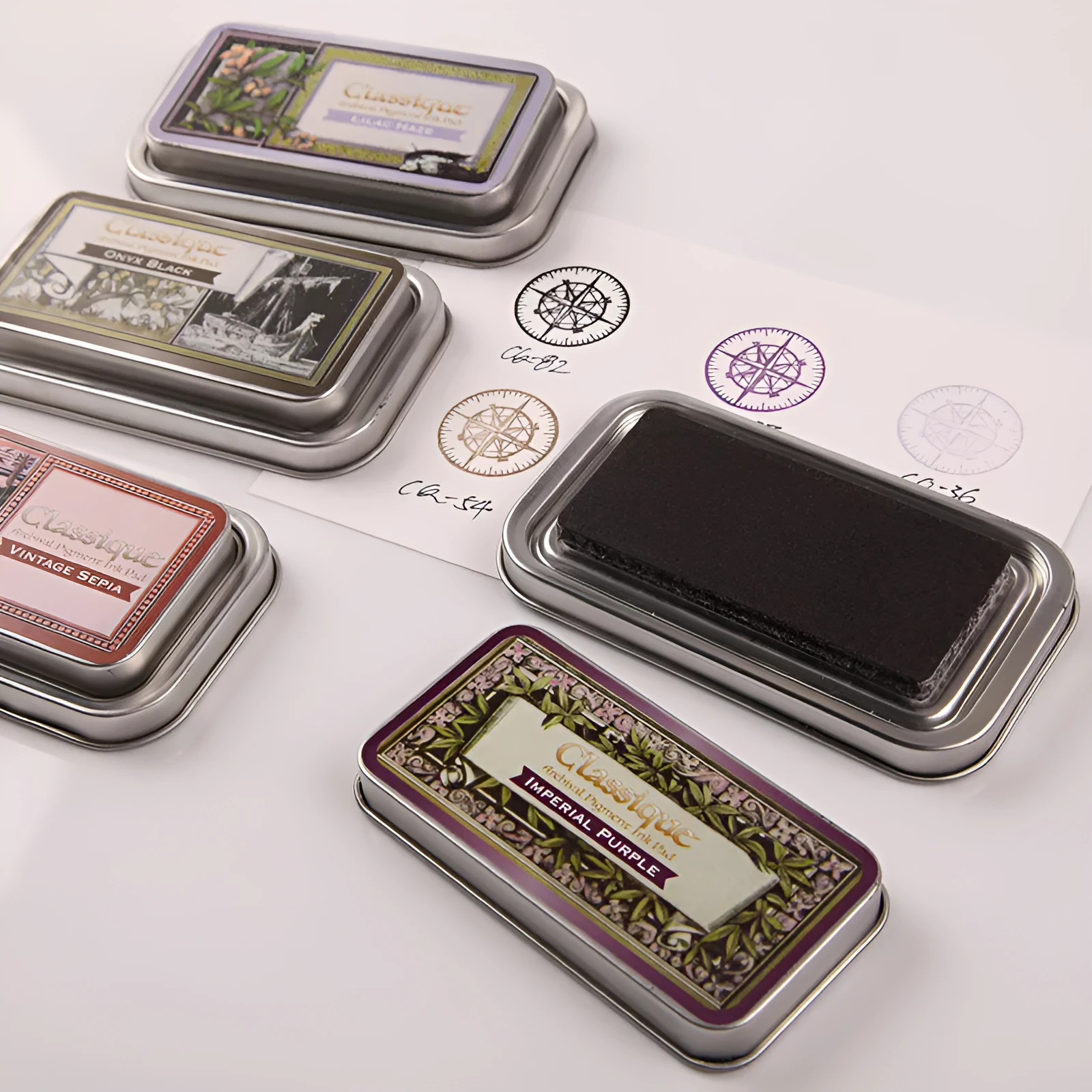 Rectangular quick-drying oily ink pad for rubber stamps in five colours.