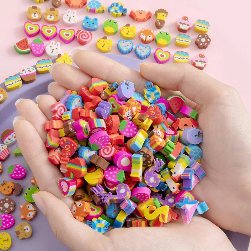 50 small colourful cartoon-themed TPR rubber erasers in a pearlescent film bag, themes include fruit, animal, and cake designs.