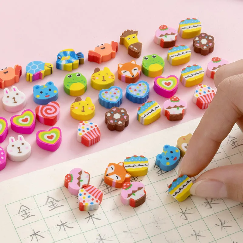50 small colourful cartoon-themed TPR rubber erasers in a pearlescent film bag, themes include fruit, animal, and cake designs.