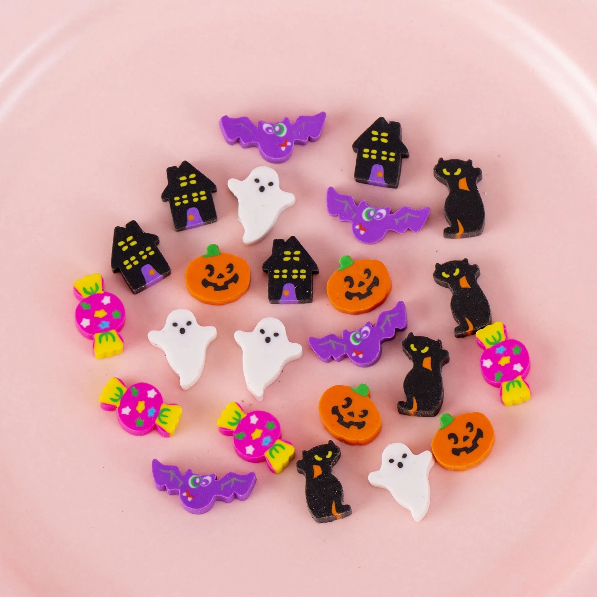 50 small colourful cartoon-themed TPR rubber erasers in a pearlescent film bag, themes include fruit, animal, and cake designs.