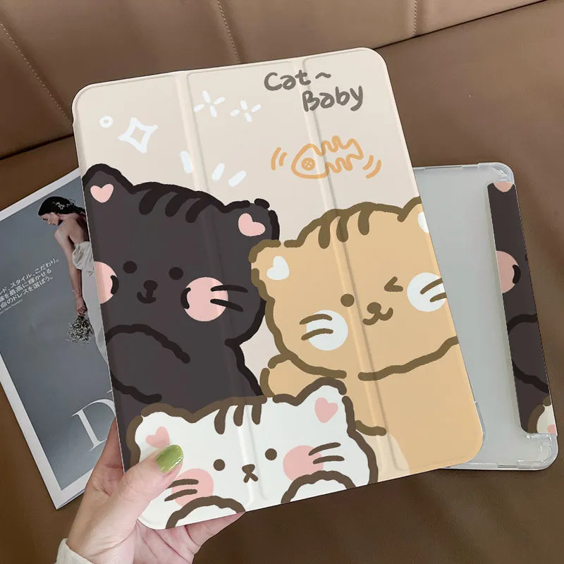 Rabbit cartoon design on a grey silicone iPad case shown folded into a stand position.