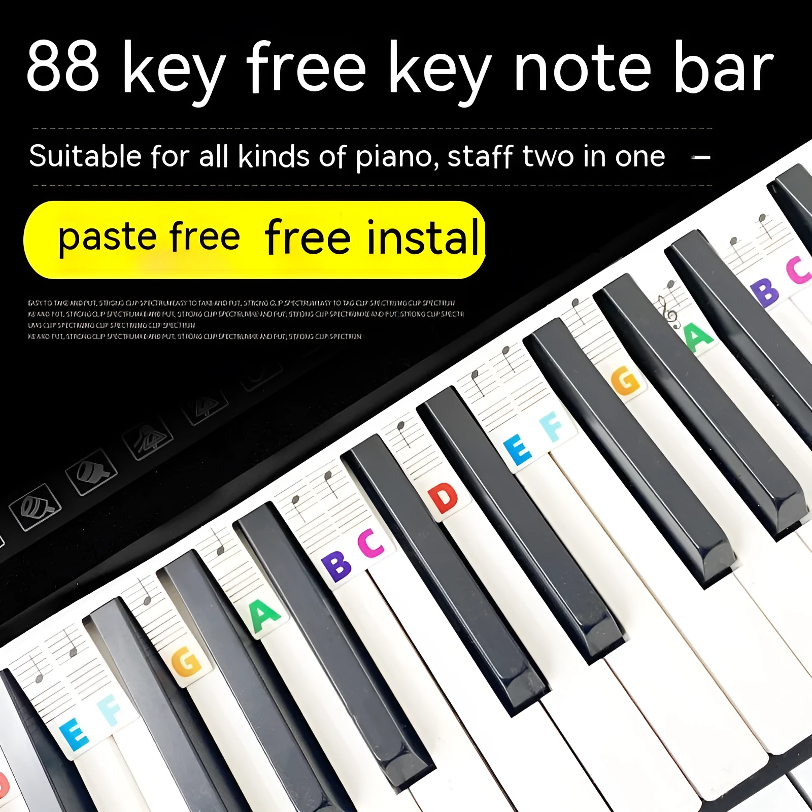 Piano keyboard note stickers on white card for 88-key pianos showing colour bars and black notation