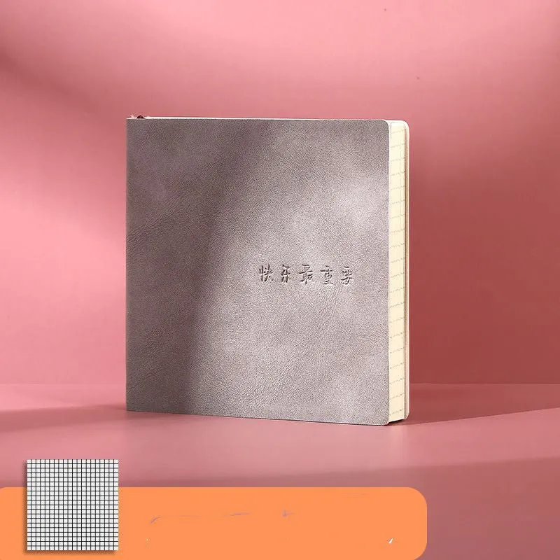 Square faux leather mesh notebook in avocado green with French fold binding and blank pages.