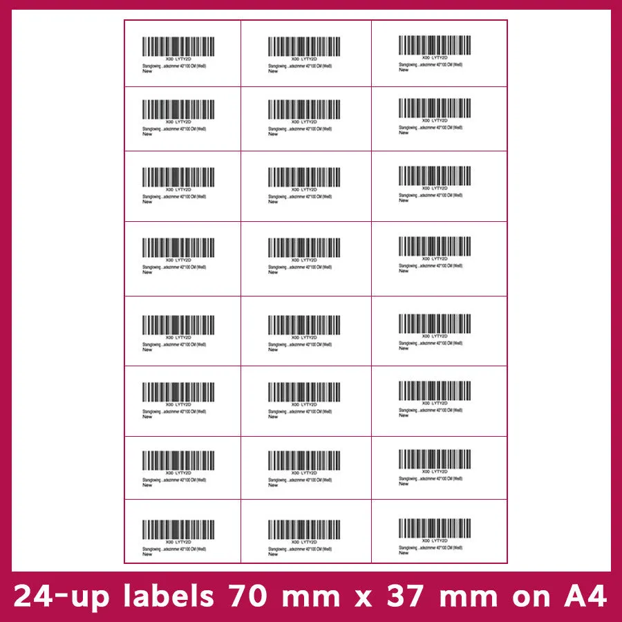 Pack of 100 A4 FBA label sheets showing multiple grid layout options for barcode printing.