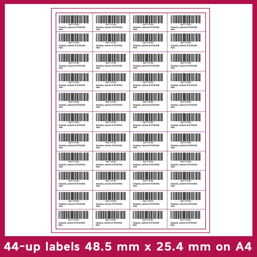Pack of 100 A4 FBA label sheets showing multiple grid layout options for barcode printing.