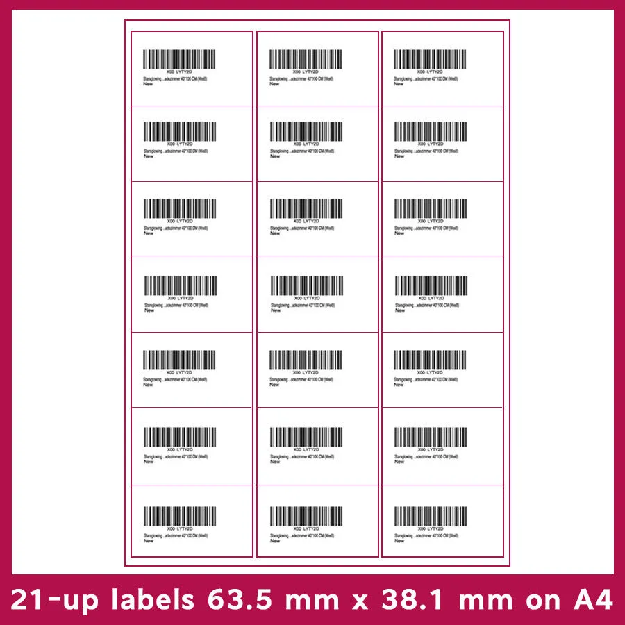 Pack of 100 A4 FBA label sheets showing multiple grid layout options for barcode printing.